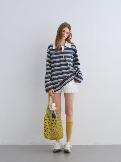 AsGony ASG25646 Collar patchwork striped embroidered long sleeved polo shirt