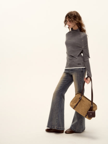 AsGony ASG25501 Wool shawl high neck rivet fake two piece sweater