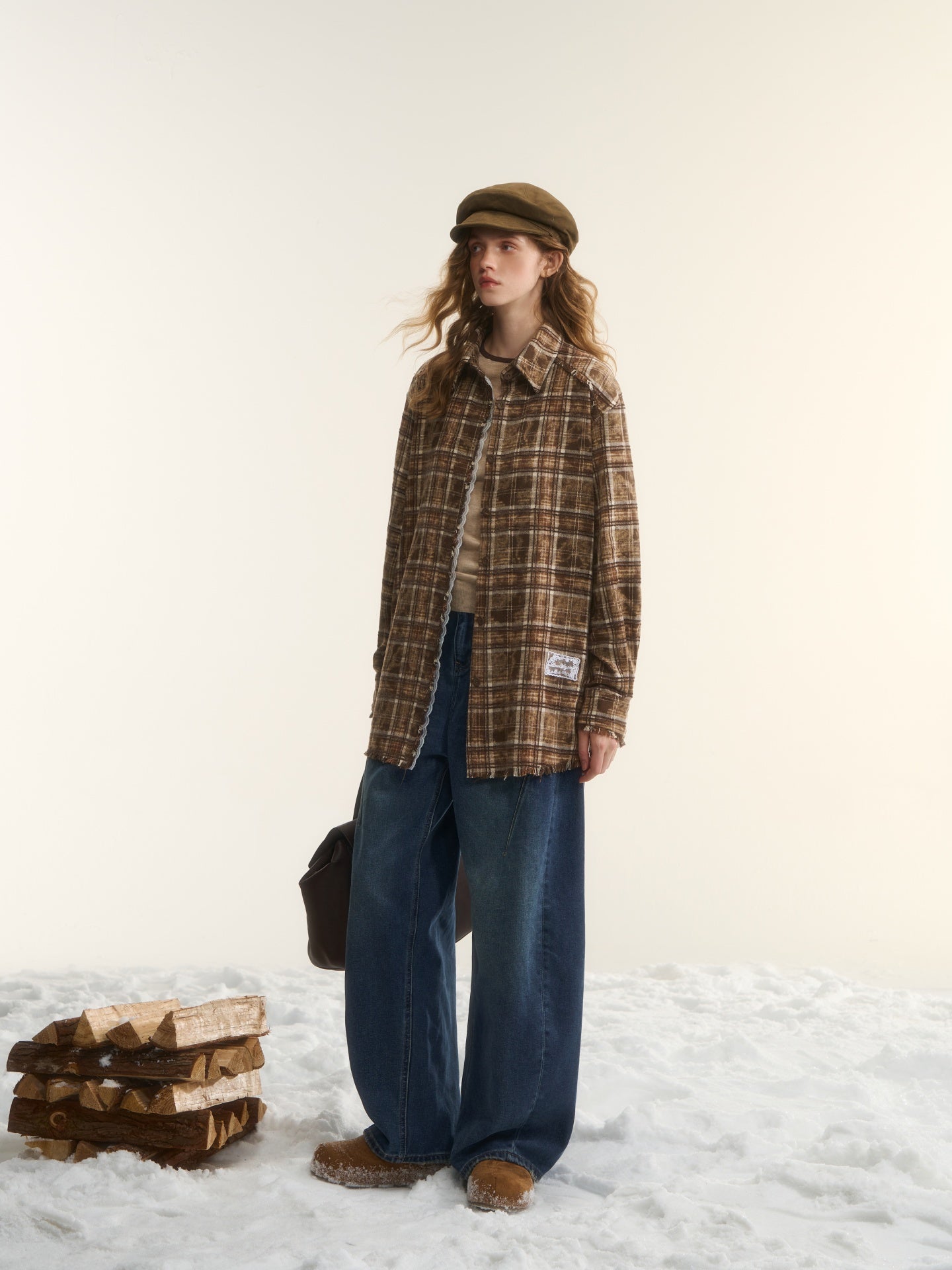 AsGony ASG24750 Lace edge patchwork brushed edge checkered shirt