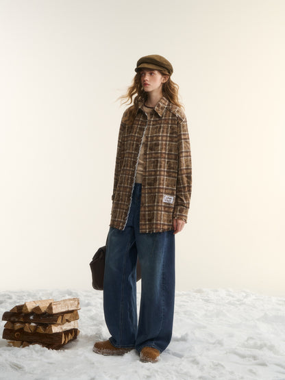 AsGony ASG24750 Lace edge patchwork brushed edge checkered shirt