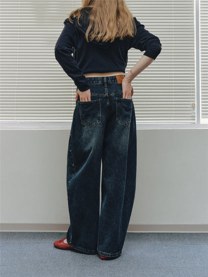 Asgony ASG26556 Vintage Washed Studded Barrel Pants
