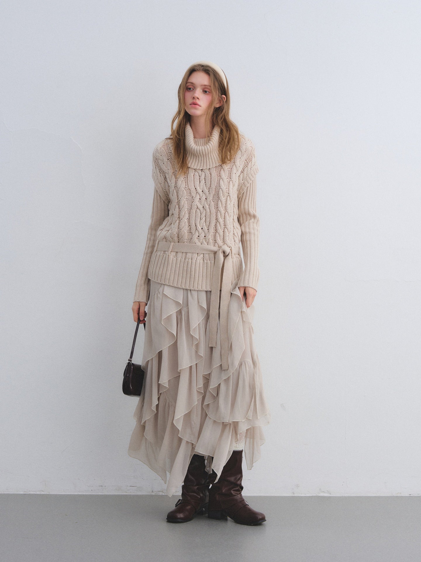 AsGony ASG25681&amp;ASG25677 Wool fake two high necked sweaters + skirt set