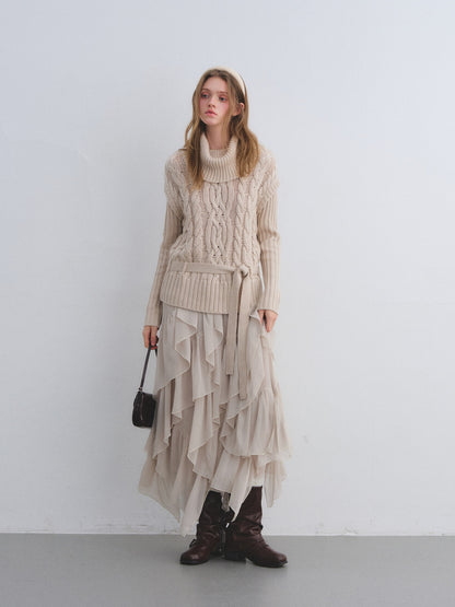 AsGony ASG25681&amp;ASG25677 Wool fake two high necked sweaters + skirt set