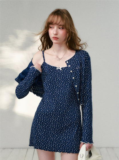 16DEWS 16D26129&amp;16D26130 Blue floral short cardigan + camisole dress