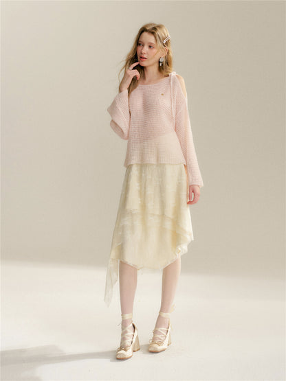 16DEWS 16D26048&amp;16D26049 Hollow out woolen lace up off shoulder knitted sweater + skirt set