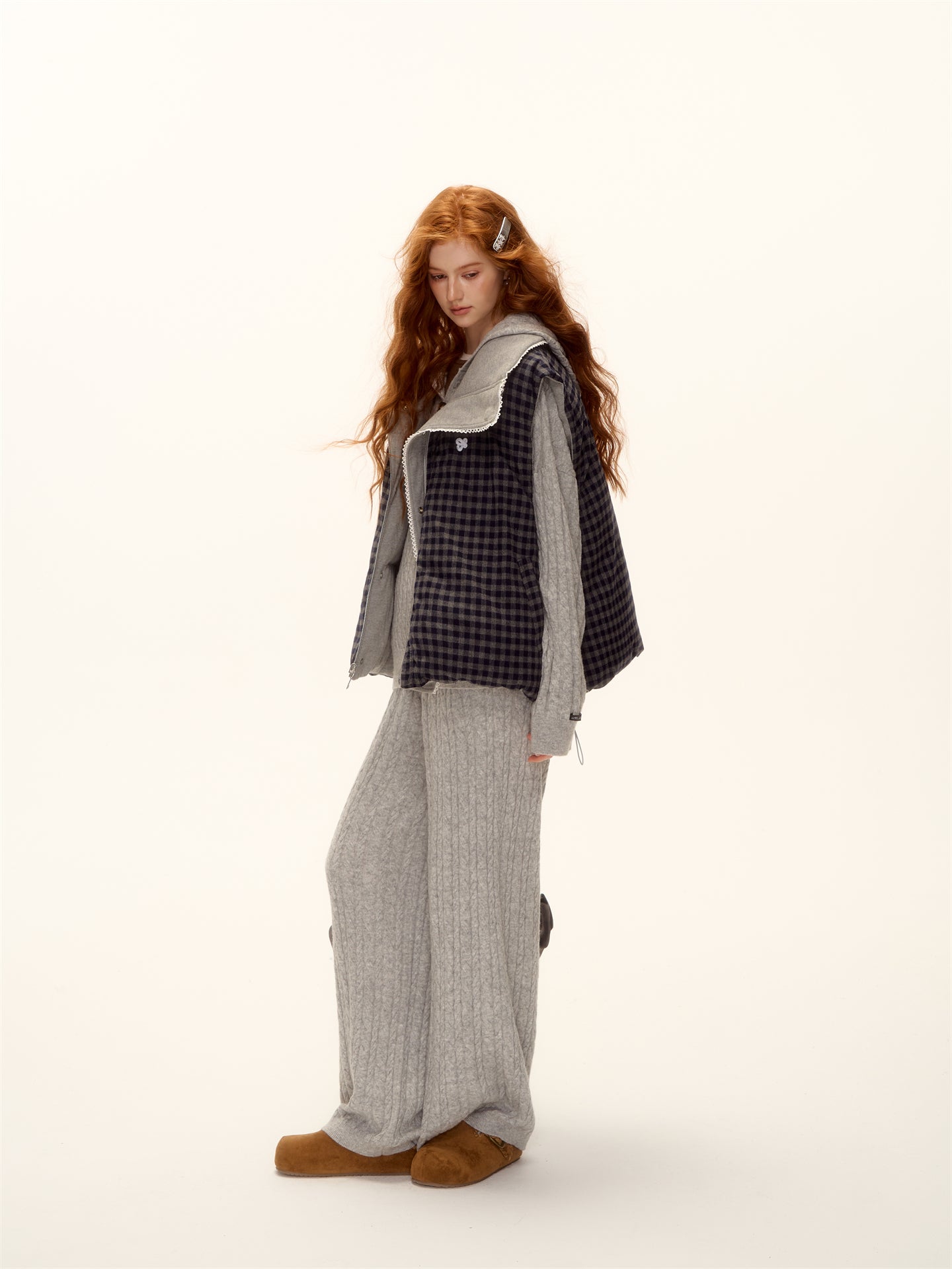 AsGony ASG25503 Double sided plaid lace patchwork vest