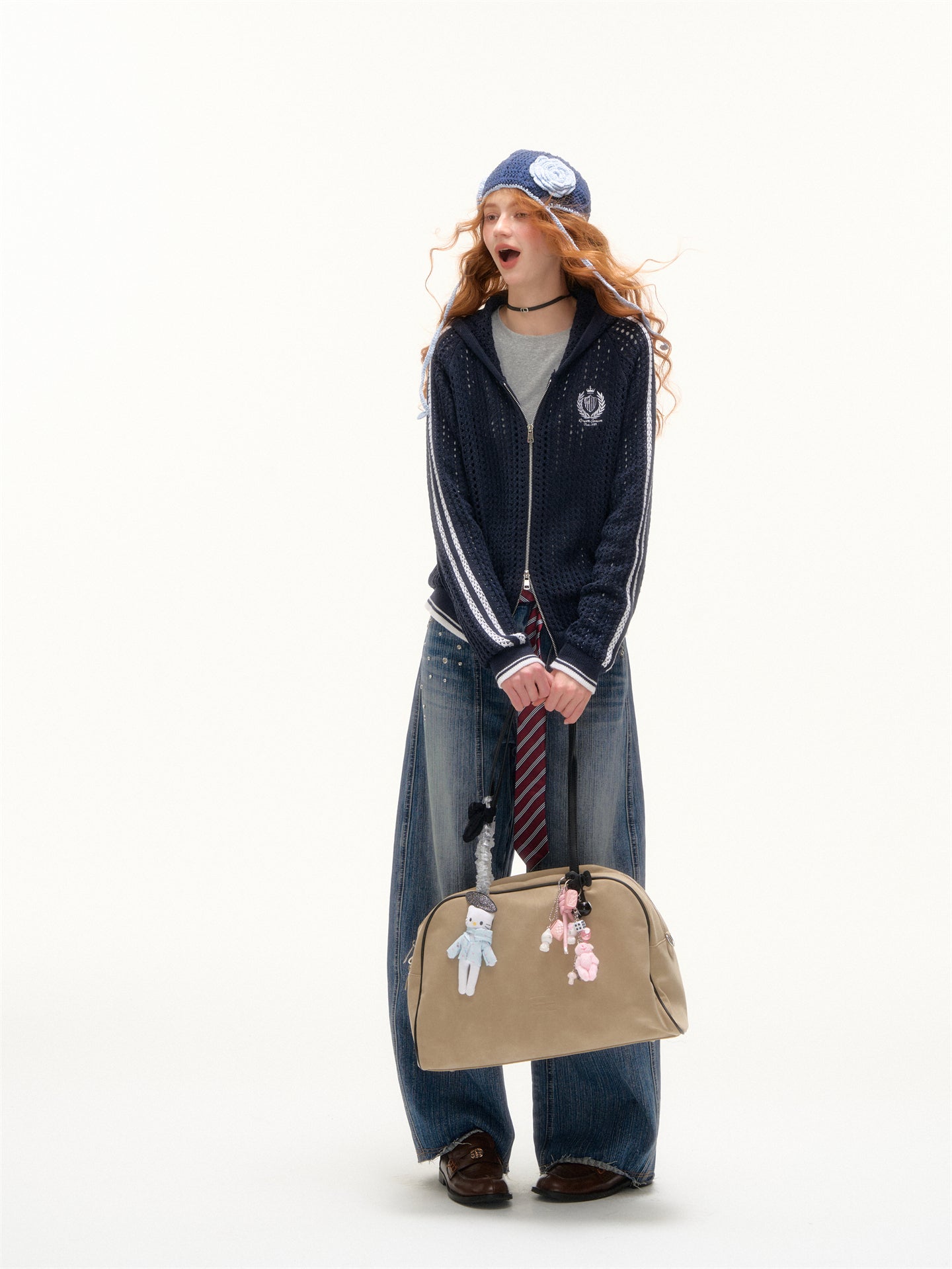 AsGony ASG25388 Hollow knit hooded contrasting embroidered sweater