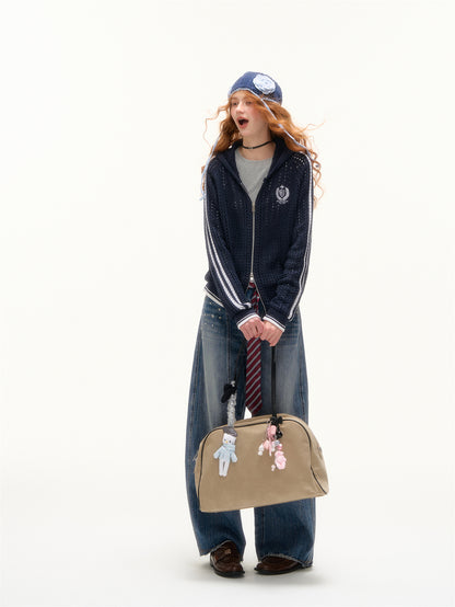 AsGony ASG25388 Hollow knit hooded contrasting embroidered sweater