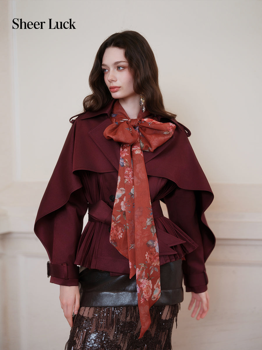 SHEERLUCK SLFY26751 Hourglass Cape Cropped Trench Coat-Bordeaux Red