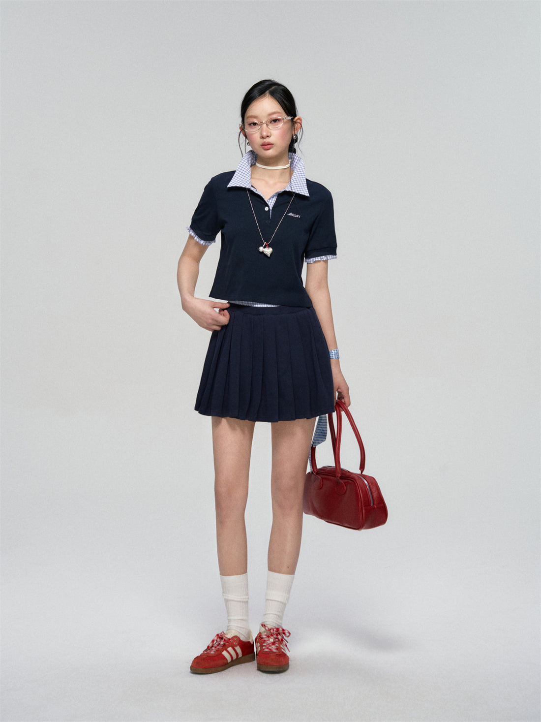 AsGony ASG25090 Embroidered plaid patchwork polo shirt