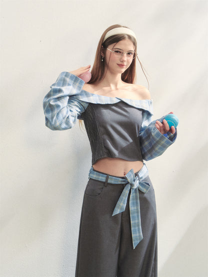 AsGony ASG25263&amp;ASG25264 Plaid patchwork off-shoulder top + pants set