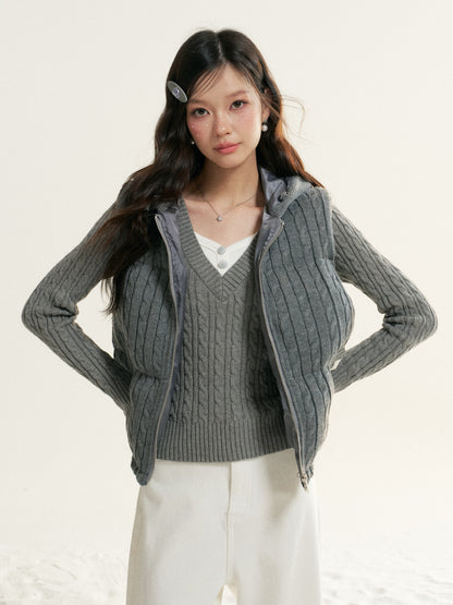 16DEWS 16D25516 Twisted flower knitted cotton padded thick hooded vest