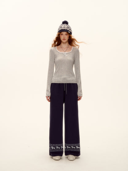 AsGony ASG25483 U-neck lace bow hollow knitting base top