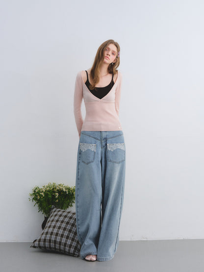 AsGony ASG25655 Wool fake two-piece contrasting splicing knitted top