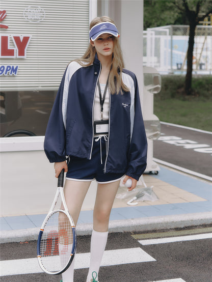 Asgony ASG26545 Contrast Patchwork Stand Collar Drawstring Sports Jacket