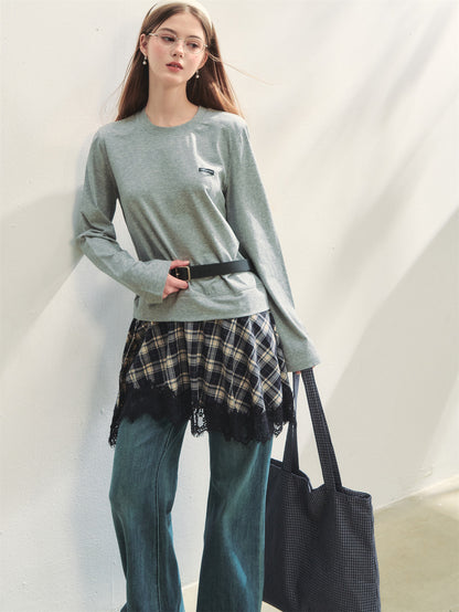 AsGony ASG25314 Plaid lace patchwork long sleeved knitted dress
