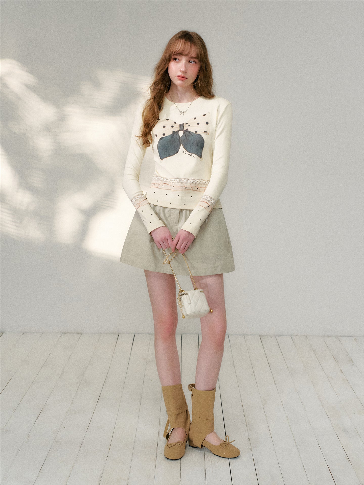 16DEWS 16D26077&amp;16D26101 Polka dot bow print slim-fit T-shirt + skirt set