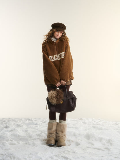 AsGony ASG25542 Crochet flower particle velvet zipper hoodie