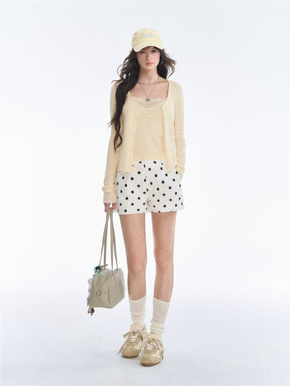 Asgony ASG26534 Solid Knit Long-Sleeve Cropped Cardigan+Knit Camisole