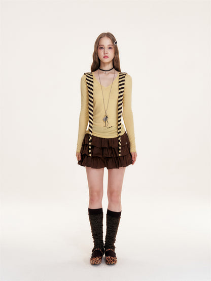 16DEWS 16D25418 Striped shawl V-neck knitted base top