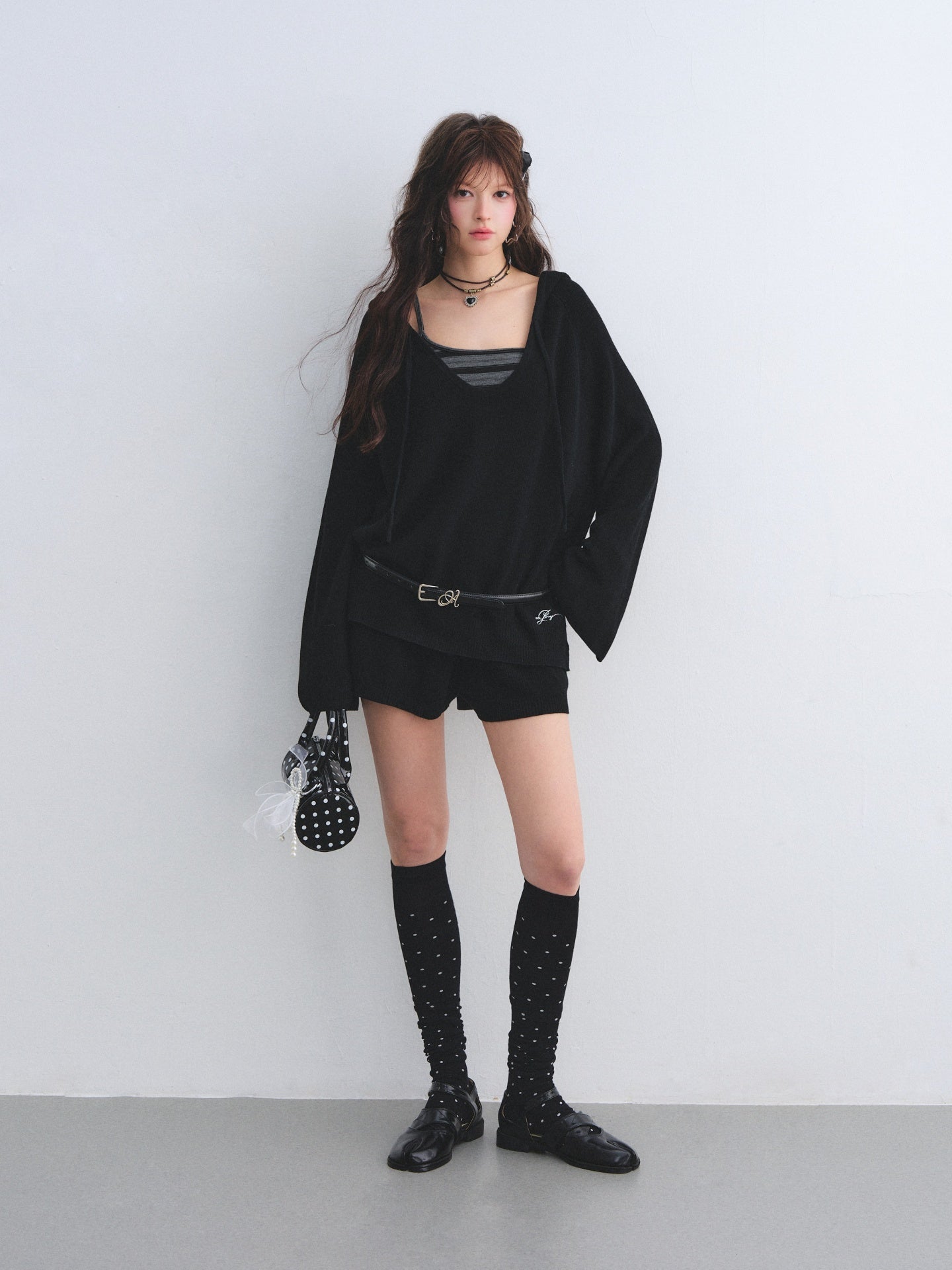 AsGony ASG26030&amp;ASG26031 Wool striped suspender hooded knitted two-piece set