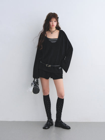 AsGony ASG26030&amp;ASG26031 Wool striped suspender hooded knitted two-piece set