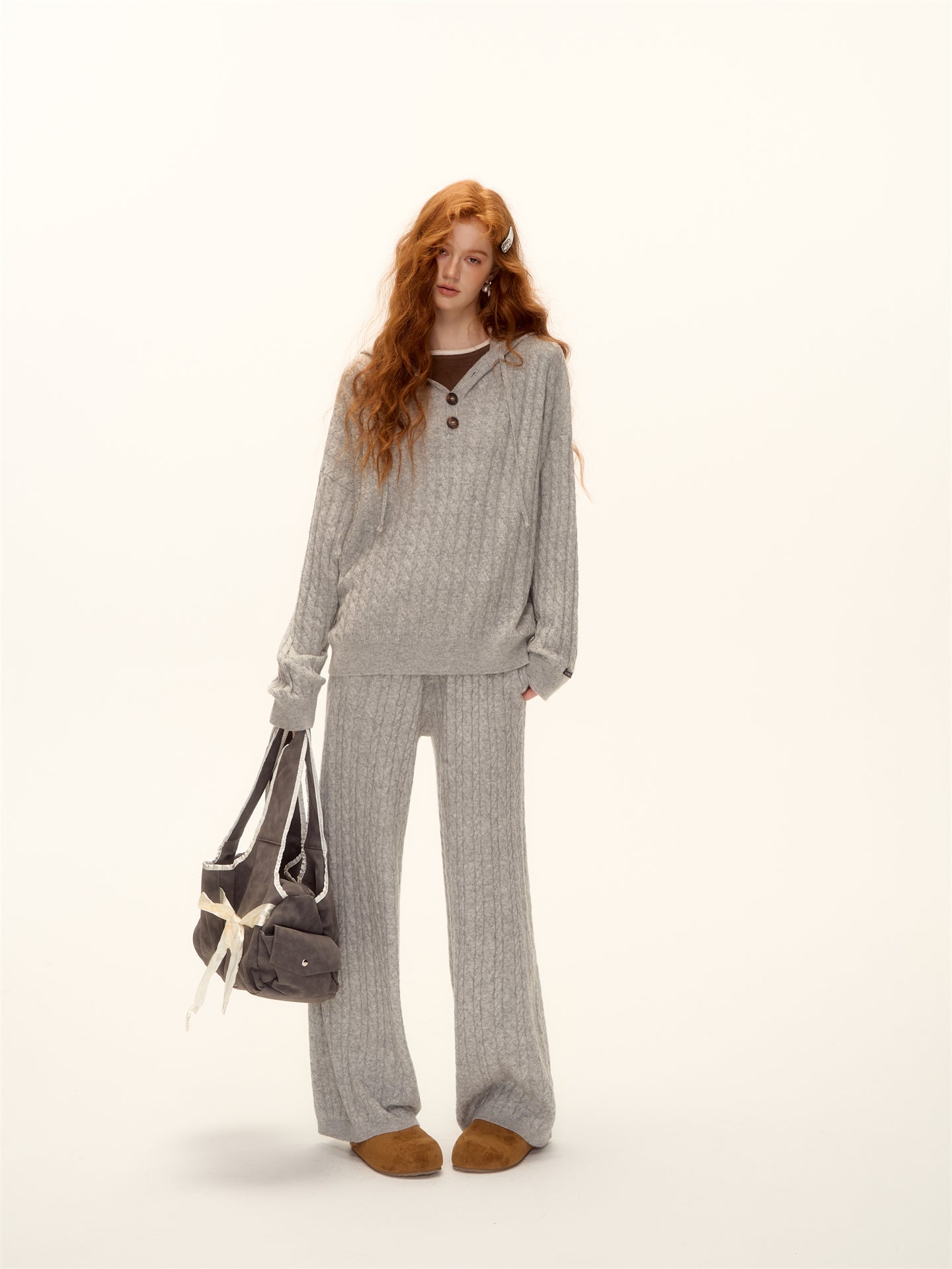 AsGony ASG25490&amp;ASG25521 Wool pullover hooded button twisted knit sweater + pants