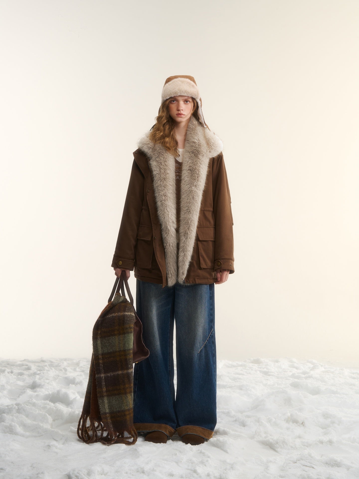 AsGony ASG25564 Detachable wool collar clip cotton Lyocell Parker jacket