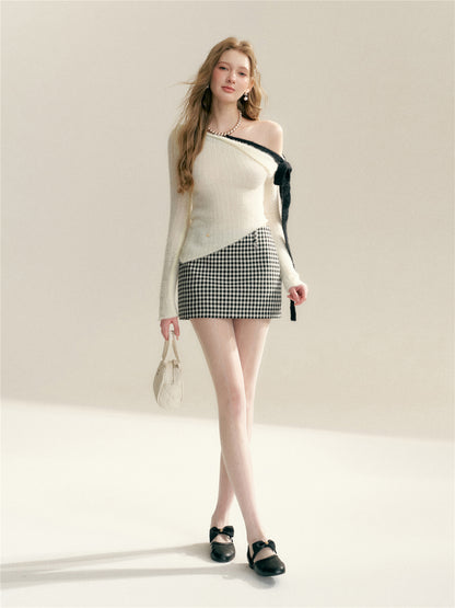 16DEWS 16D26007 Color blocking straps irregular design slim knit sweater