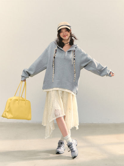 AsGony ASG25347 Flower embroidered casual loose pullover hoodie