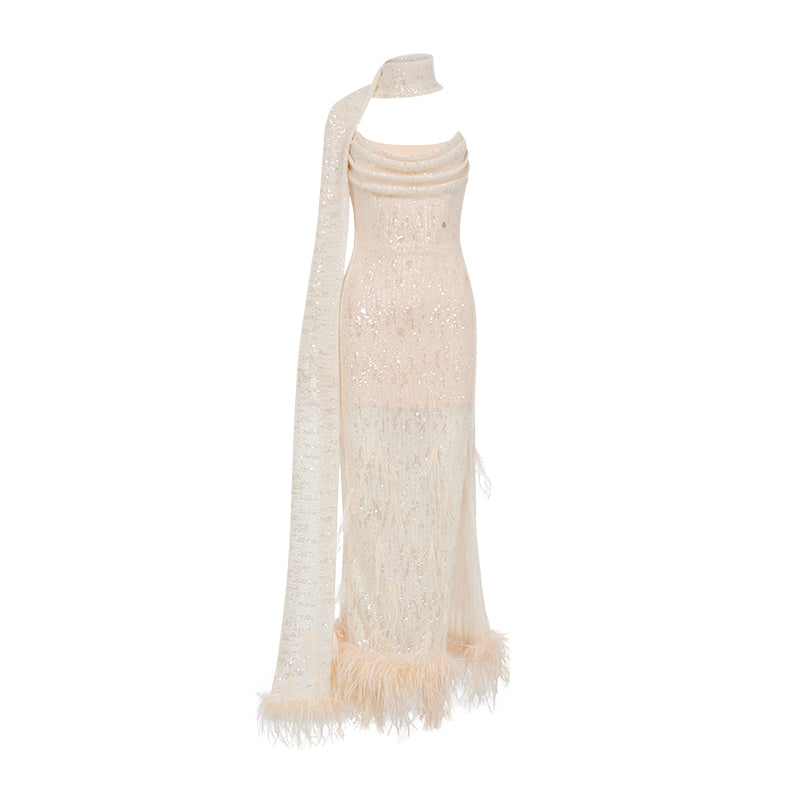 SHEERLUCK SLLYQ25502 Sparkling ostrich fur wavy collar ribbon dress