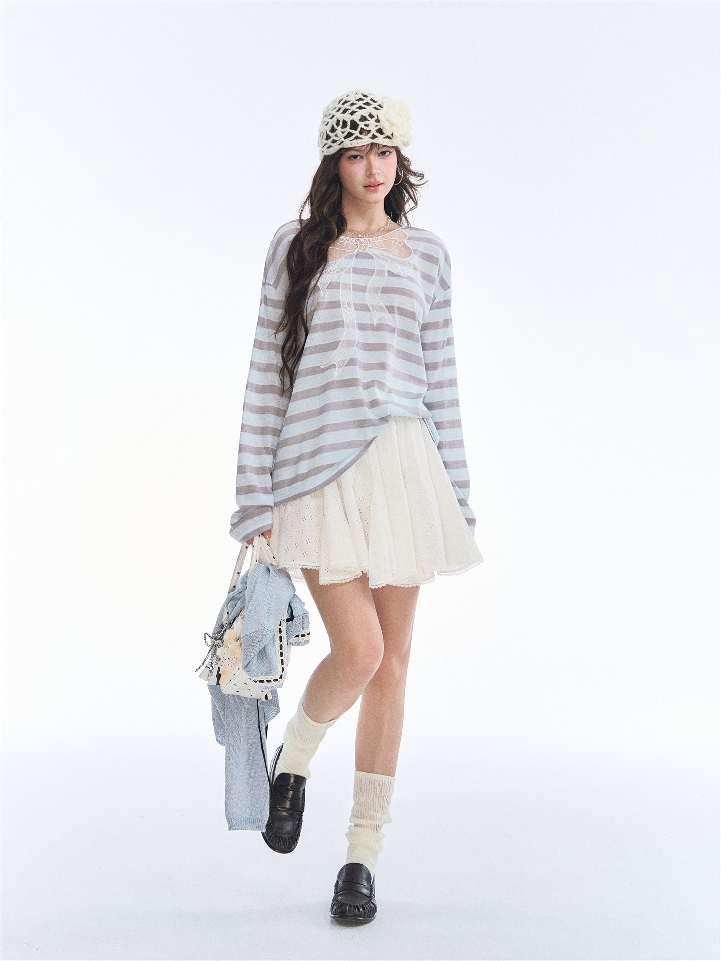 Asgony ASG26500 Striped Lace Patchwork Bow Long-Sleeve Top