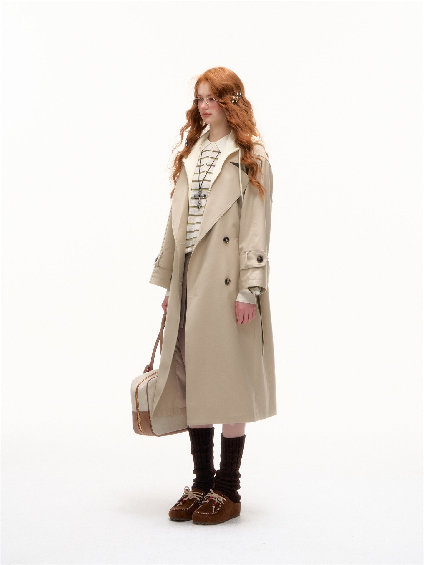 AsGony ASG25390 Fake two piece patchwork long windbreaker