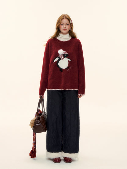AsGony ASG25608 Embroidered wool ball round neck wool sweater