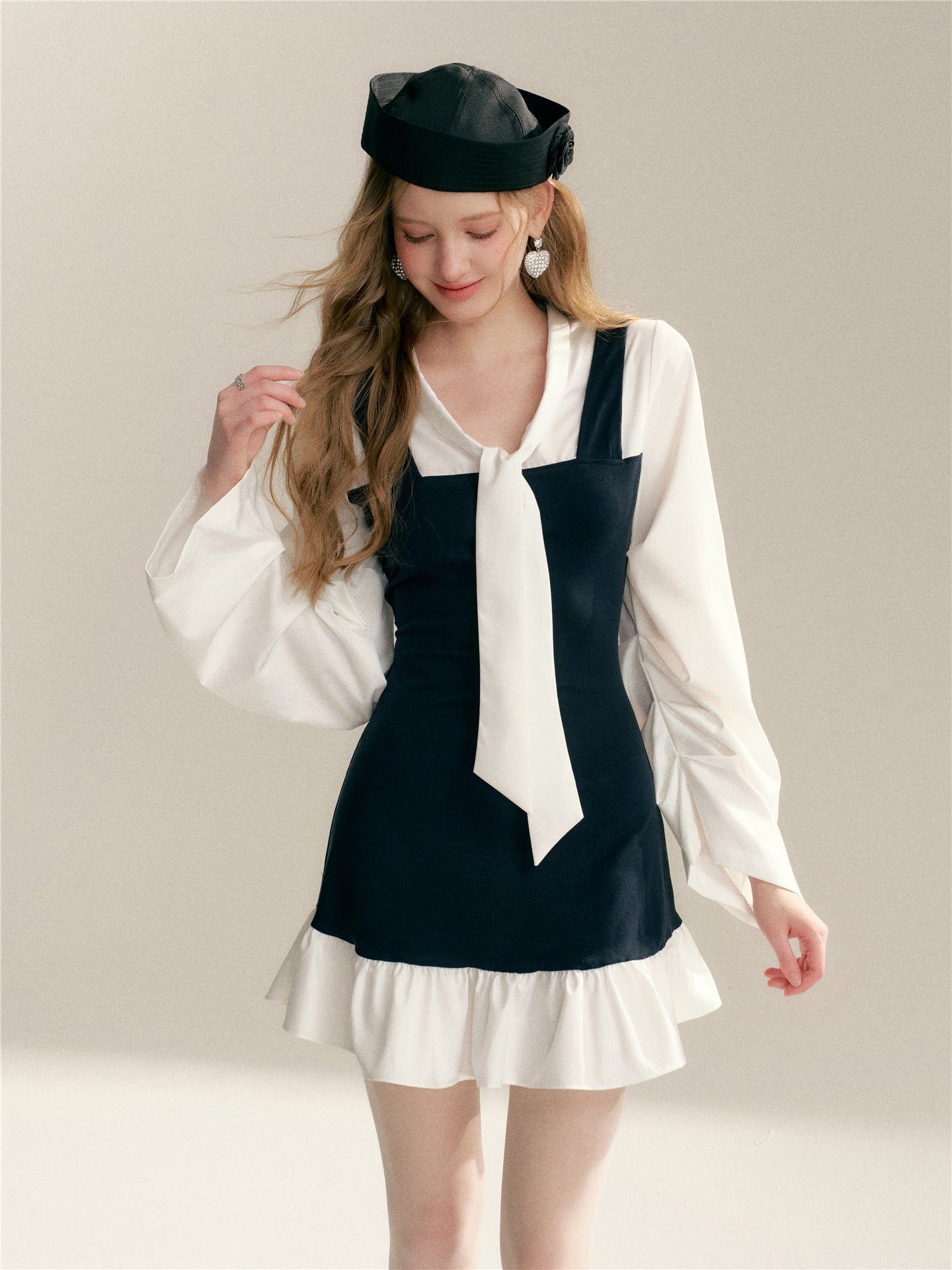 16DEWS 16D26015 Fake two V-neck lace up contrasting splicing slim fit dress