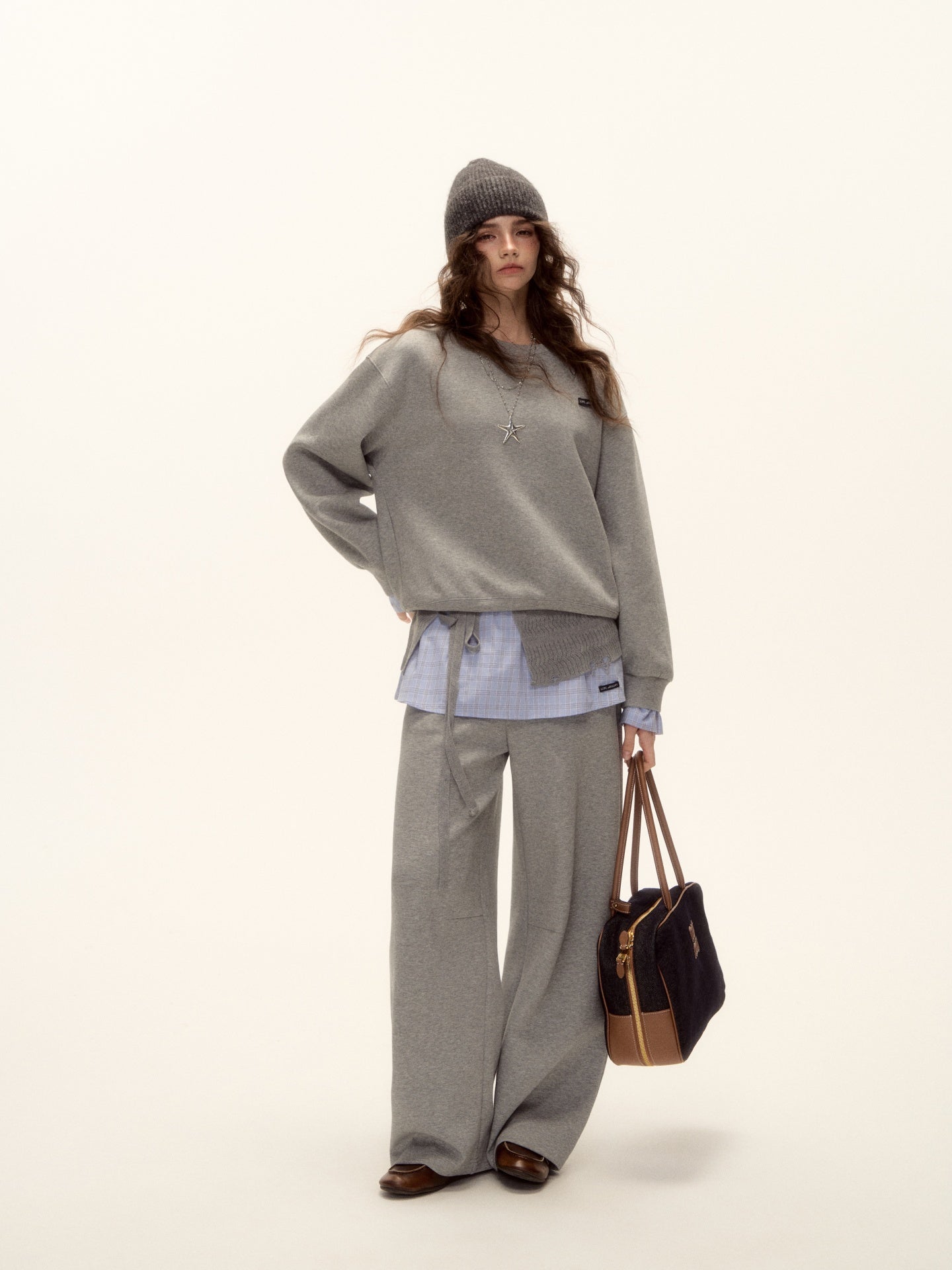 AsGony ASG25509&amp;ASG25510 Cuff plaid patchwork round neck pullover hoodie + pants set