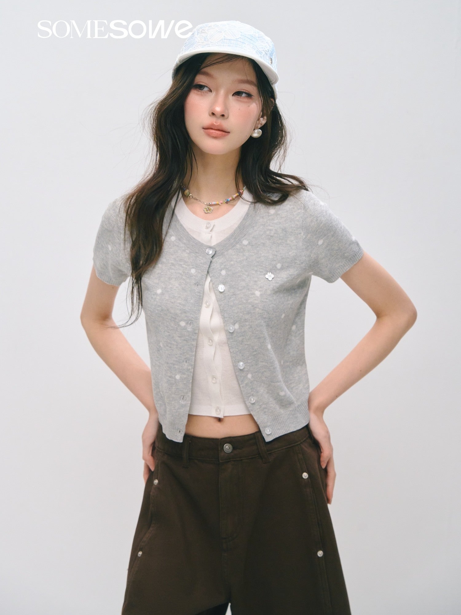 SOMESOWE S2609046 Wave Point Fake Two Knitted Tops