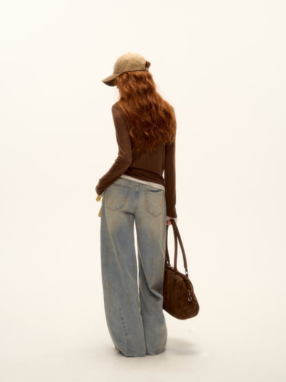 AsGony ASG25465 Fake two wool and cashmere spliced round neck base T-shirt