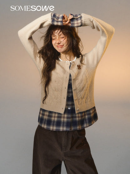 SOMESOWE S2508275 Fake two piece checkered spliced floral cardigan