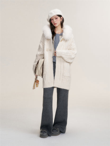 16DEWS 16D25462 Knitted hooded mid length sweater jacket