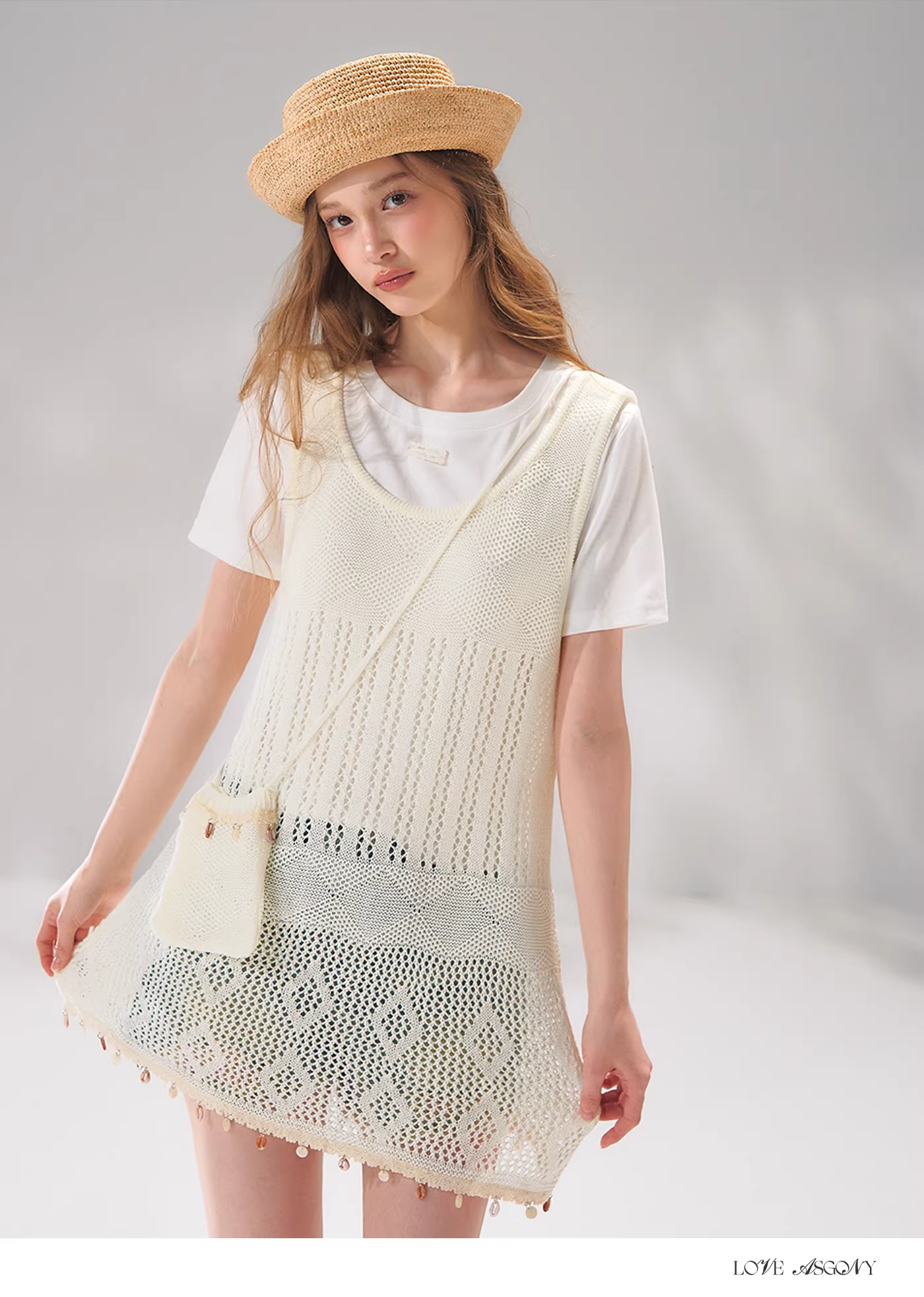 AsGony ASG26071 Shell woven ribbon hollow jacquard knitted three piece set
