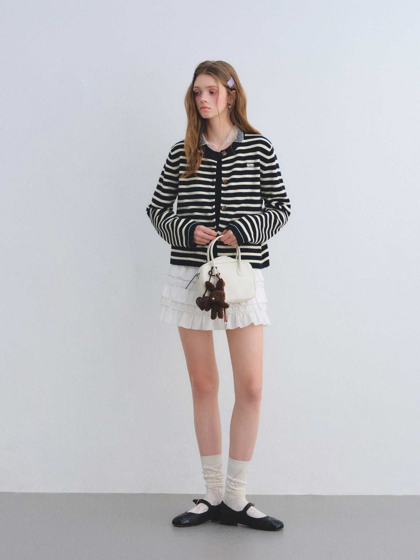 AsGony ASG25678&amp;ASG25672 Wool round neck striped knitted cardigan + skirt set