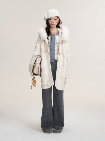 16DEWS 16D25462 Knitted hooded mid length sweater jacket