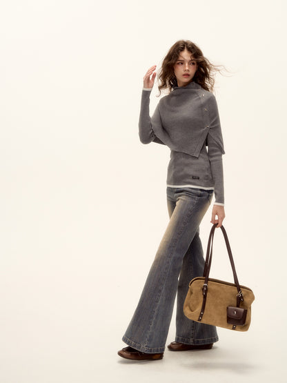 AsGony ASG25501 Wool shawl high neck rivet fake two piece sweater