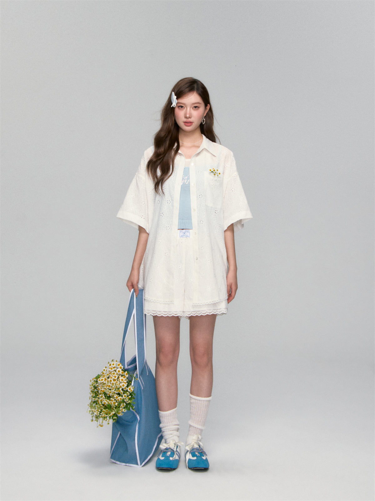 AsGony ASG25114&amp;ASG25115 Cotton loose short sleeved shirt + shorts set (seperate)