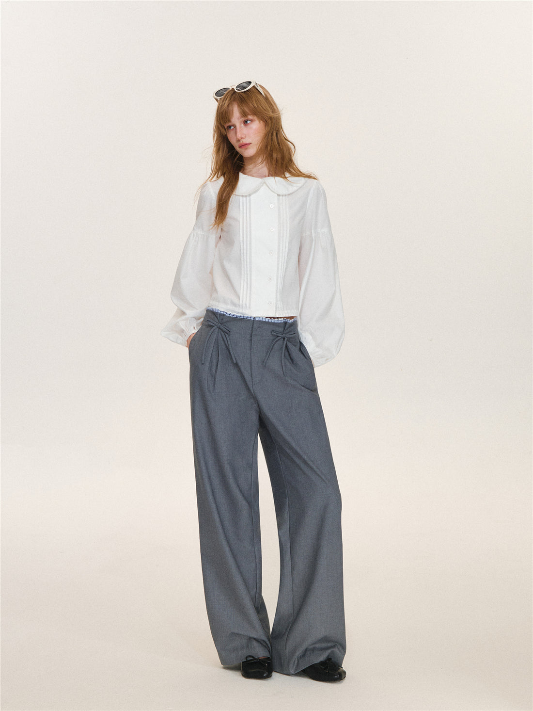 Asgony ASG26565 Tuck-Pleat Lace Trim Collar Blouse