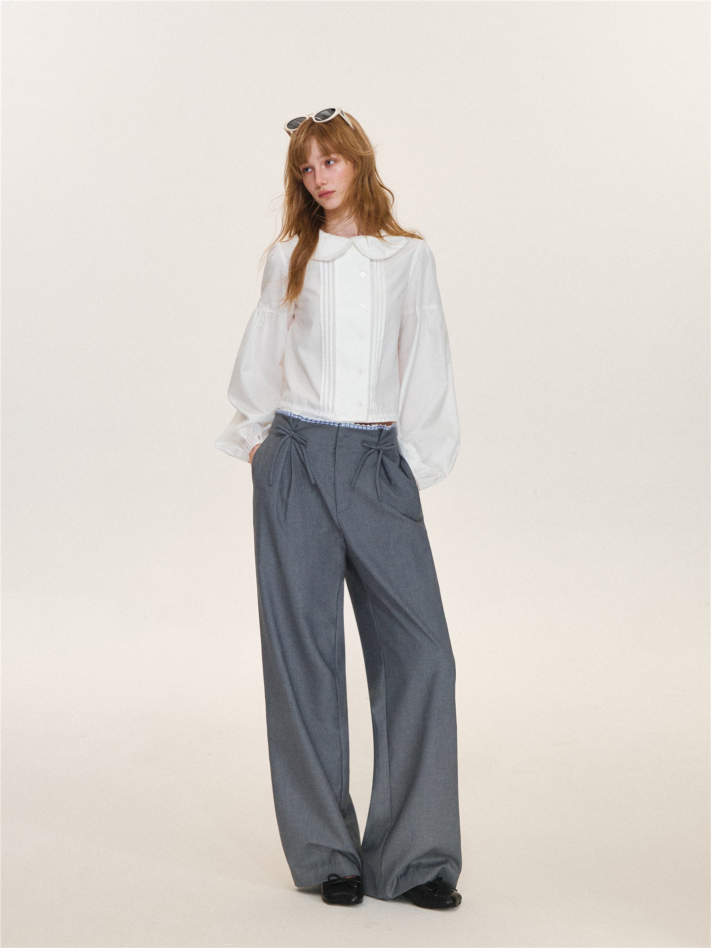 Asgony ASG26565 Tuck-Pleat Lace Trim Collar Blouse