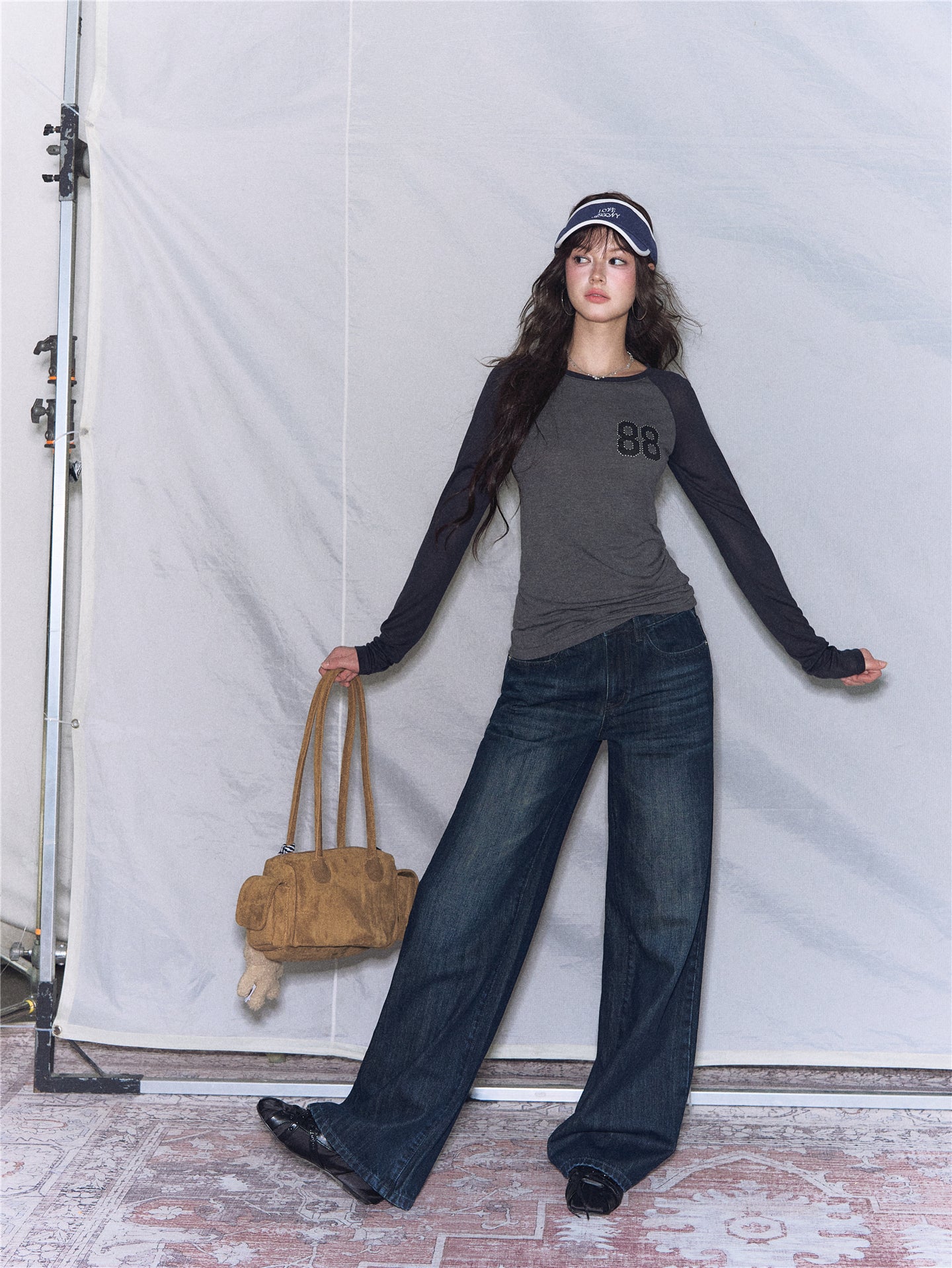 Asgony ASG26543 Crew Neck Contrast Slim Raglan Sleeve Top