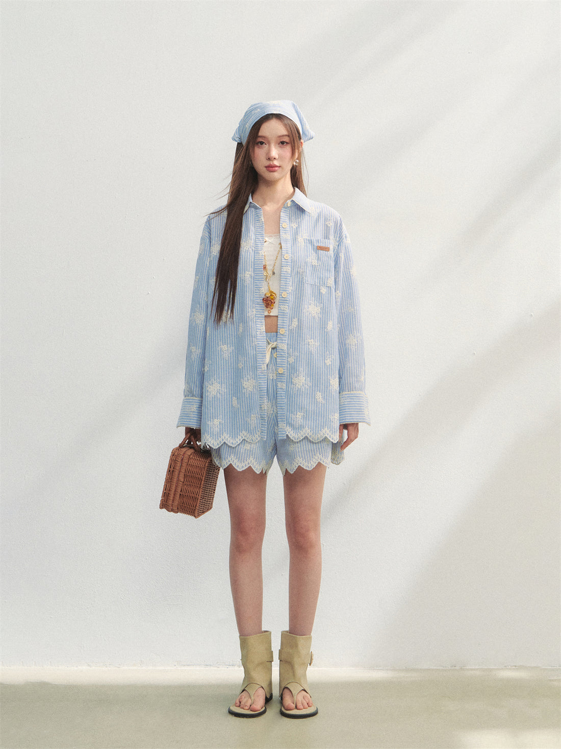 AsGony ASG25191&amp;ASG25192&amp;ASG25251 Lace embroidered wavy hem long sleeved shirt+shorts+headscarf set
