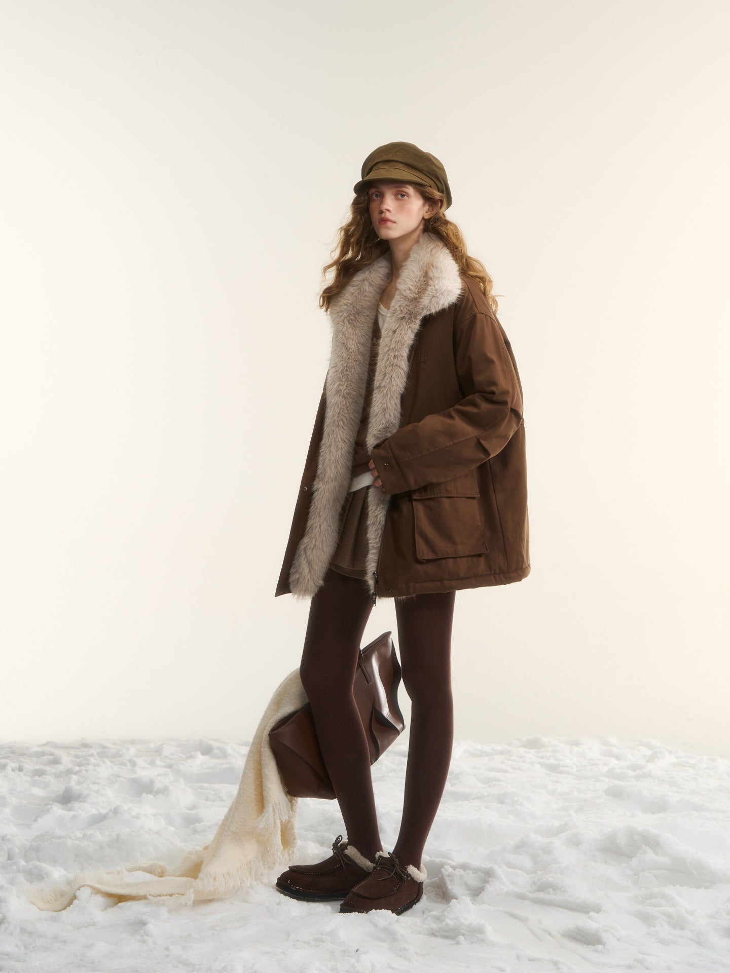 AsGony ASG25564 Detachable wool collar clip cotton Lyocell Parker jacket